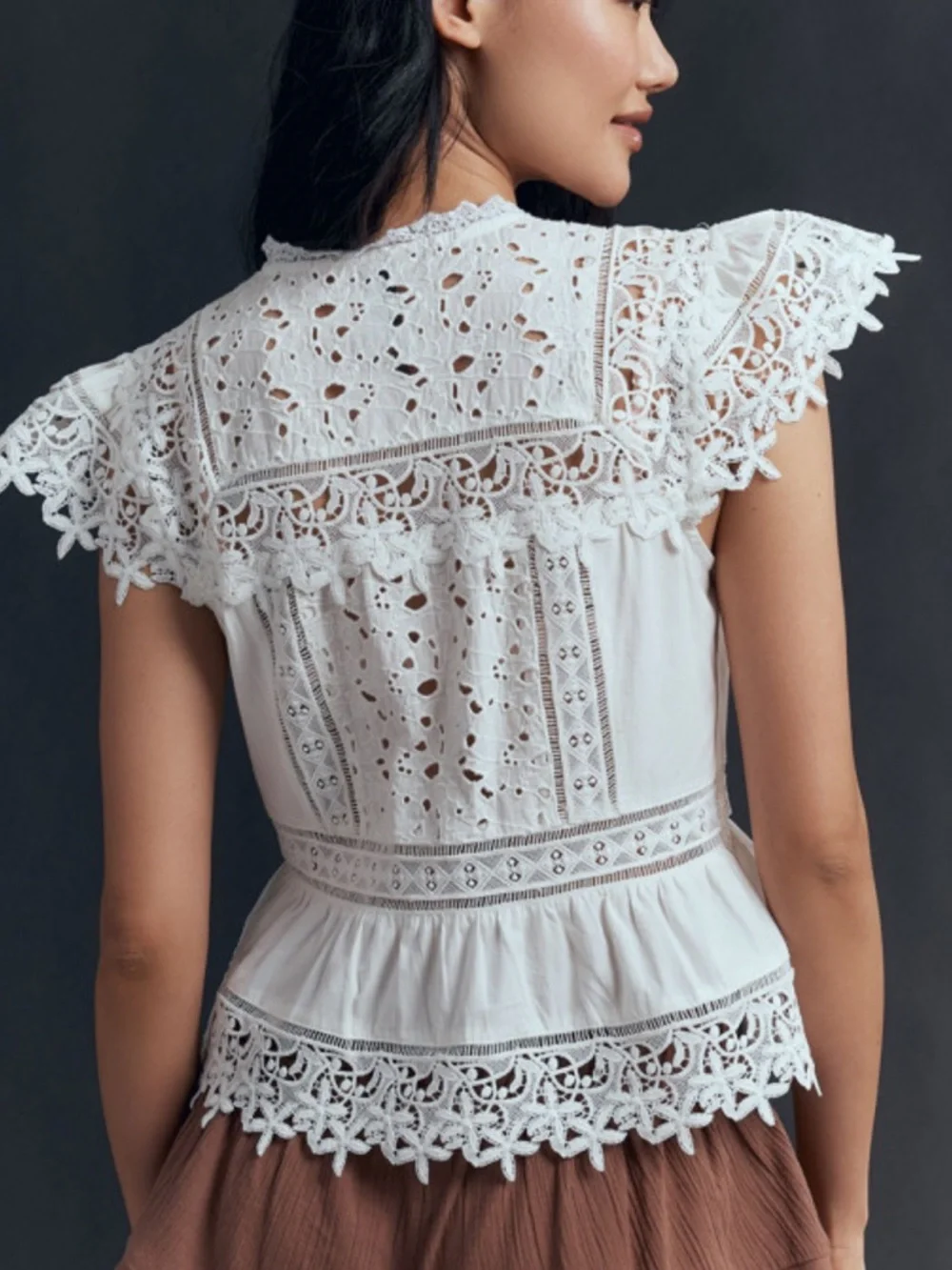 Anthropologie White Lace Eyelet Button-Front Peplum Blouse - Picture 2 of 7